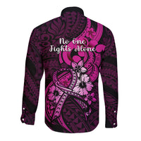 Polynesia Breast Cancer Awareness Long Sleeve Button Shirt Think Pink Polynesian Ribbon Black Version - Wonder Print Shop