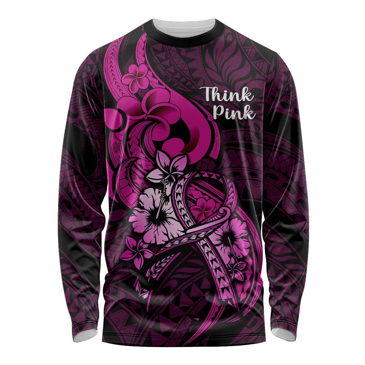 Polynesia Breast Cancer Awareness Long Sleeve Shirt Think Pink Polynesian Ribbon Black Version - Wonder Print Shop
