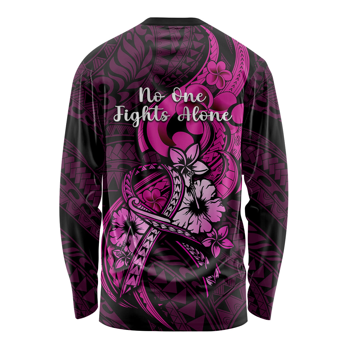 Polynesia Breast Cancer Awareness Long Sleeve Shirt Think Pink Polynesian Ribbon Black Version - Wonder Print Shop