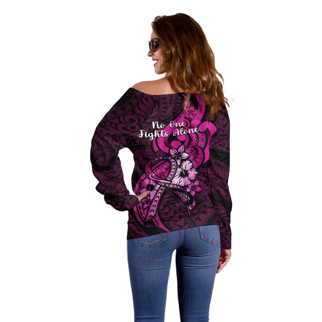 Polynesia Breast Cancer Awareness Off Shoulder Sweater Think Pink Polynesian Ribbon Black Version - Wonder Print Shop