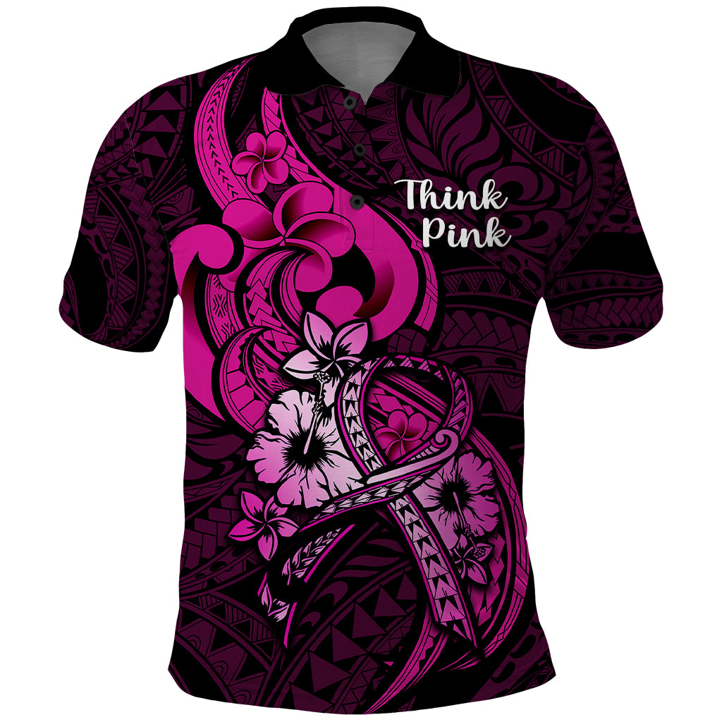 Polynesia Breast Cancer Awareness Polo Shirt Think Pink Polynesian Ribbon Black Version - Wonder Print Shop