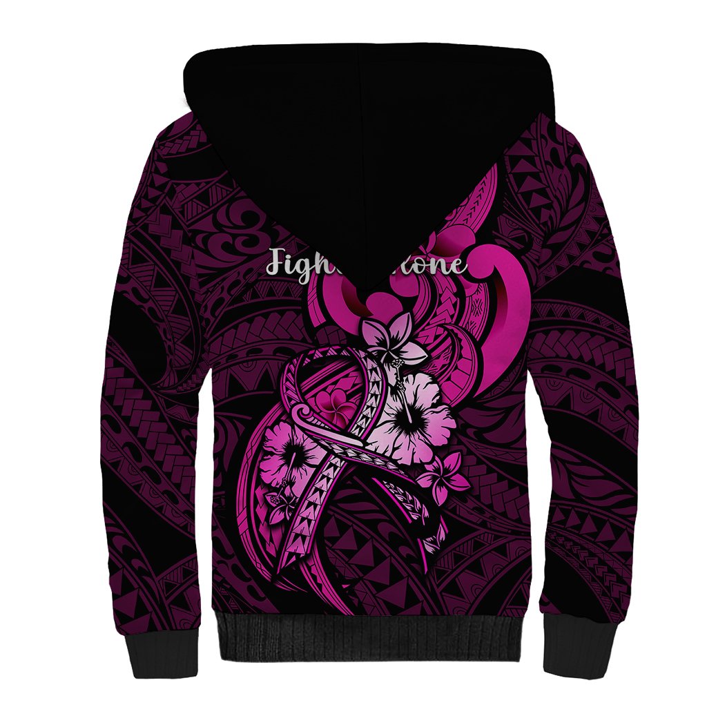 Polynesia Breast Cancer Awareness Sherpa Hoodie Think Pink Polynesian Ribbon Black Version - Wonder Print Shop