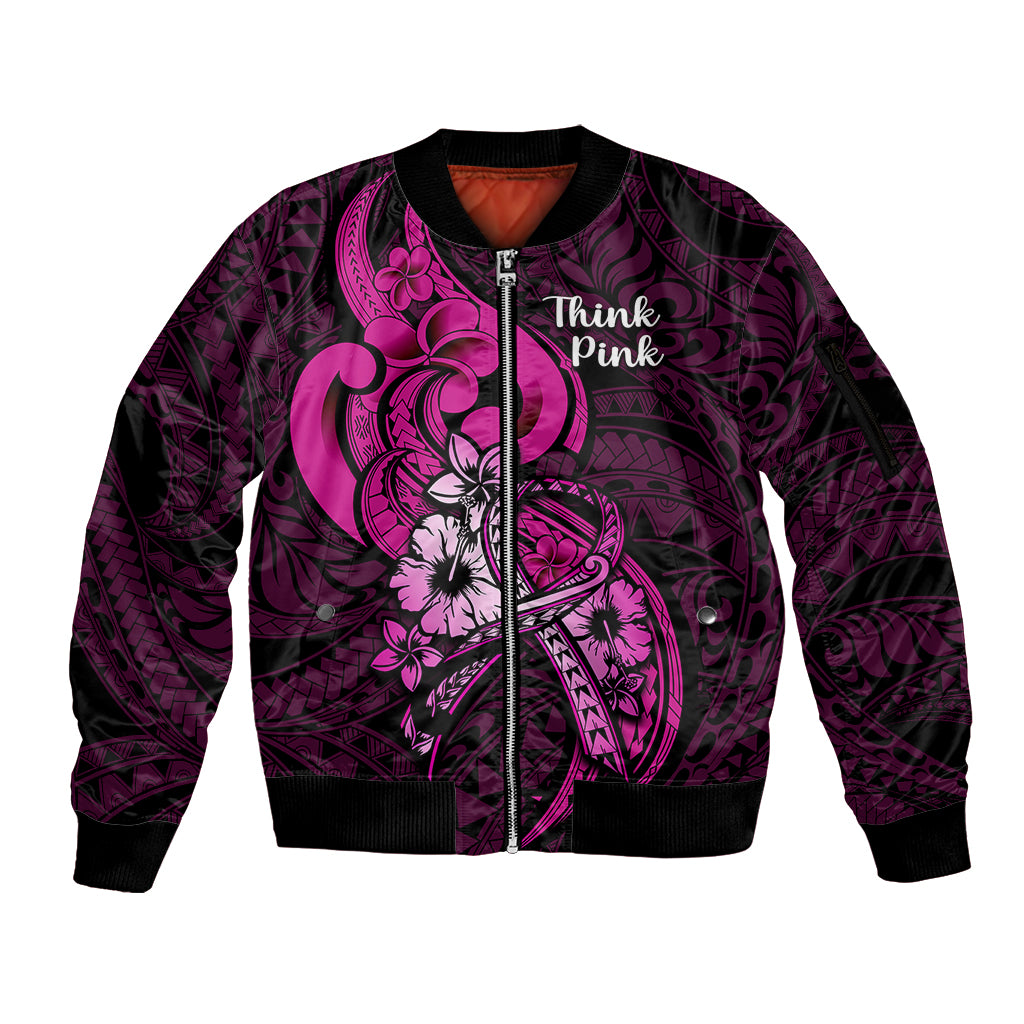 Polynesia Breast Cancer Awareness Sleeve Zip Bomber Jacket Think Pink Polynesian Ribbon Black Version - Wonder Print Shop