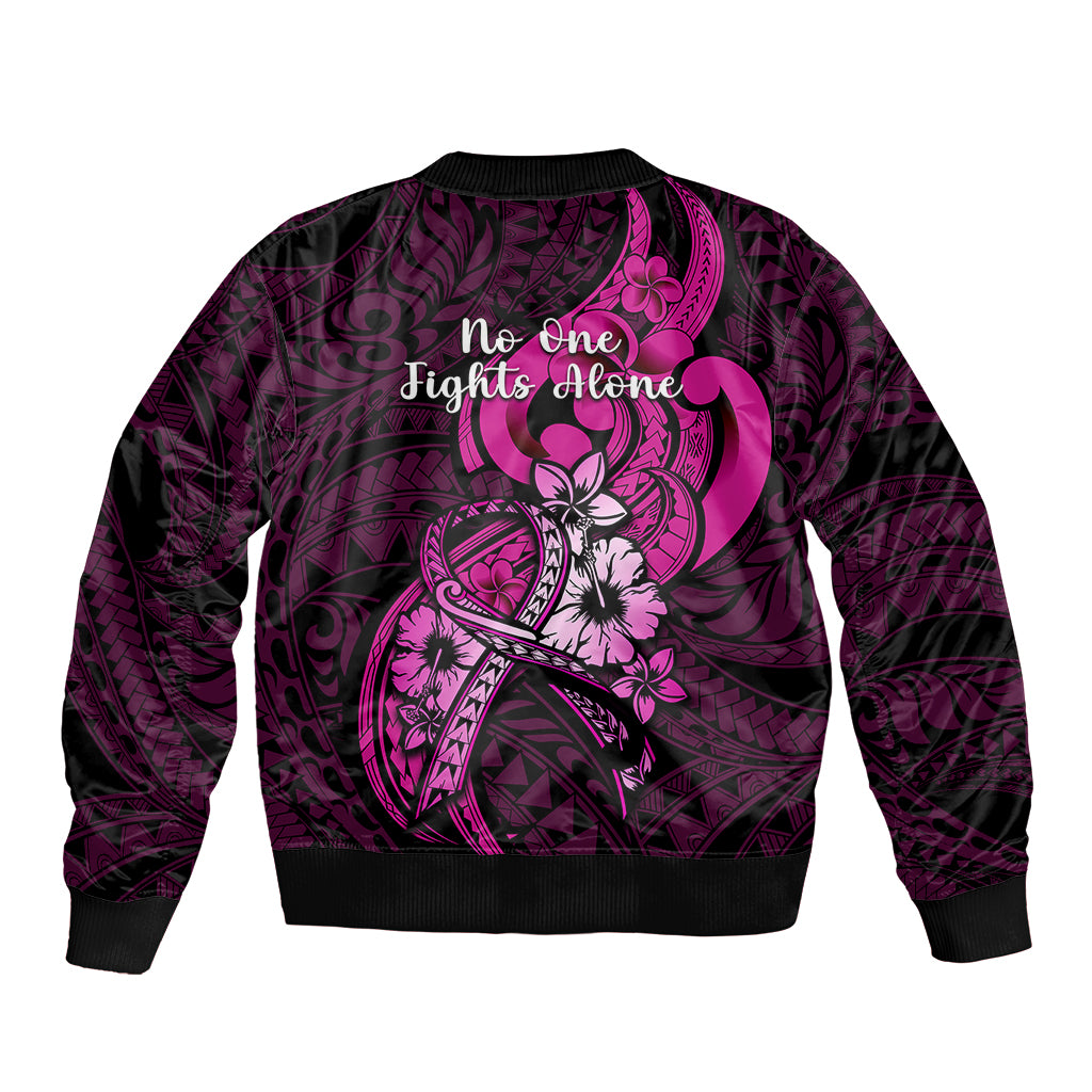 Polynesia Breast Cancer Awareness Sleeve Zip Bomber Jacket Think Pink Polynesian Ribbon Black Version - Wonder Print Shop