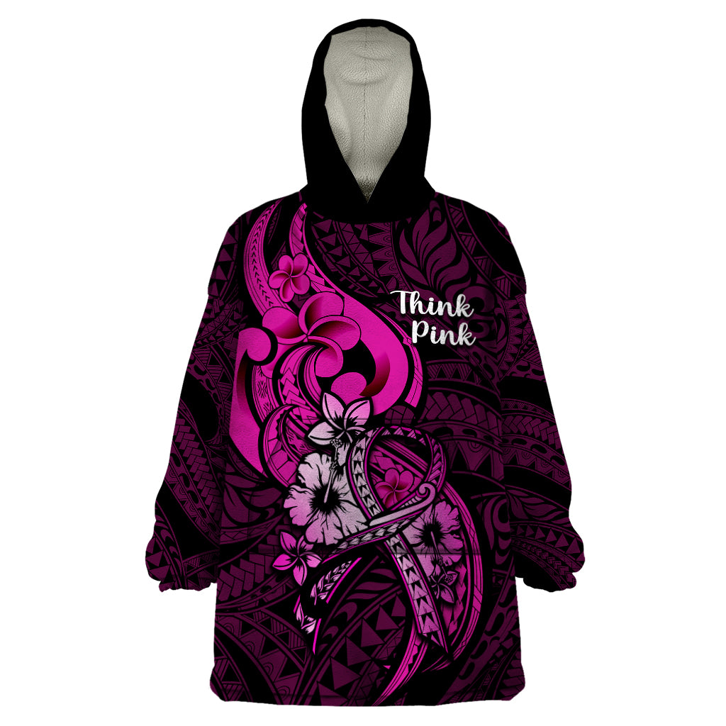 Polynesia Breast Cancer Awareness Wearable Blanket Hoodie Think Pink Polynesian Ribbon Black Version - Wonder Print Shop