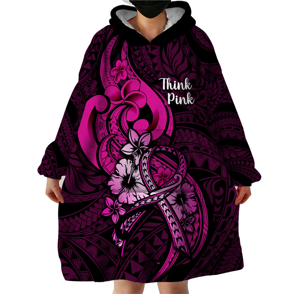 Polynesia Breast Cancer Awareness Wearable Blanket Hoodie Think Pink Polynesian Ribbon Black Version - Wonder Print Shop