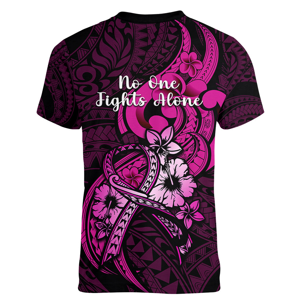 Polynesia Breast Cancer Awareness Women V Neck T Shirt Think Pink Polynesian Ribbon Black Version - Wonder Print Shop