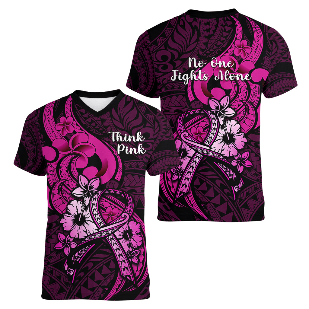 Polynesia Breast Cancer Awareness Women V Neck T Shirt Think Pink Polynesian Ribbon Black Version - Wonder Print Shop