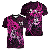 Polynesia Breast Cancer Awareness Women V Neck T Shirt Think Pink Polynesian Ribbon Black Version - Wonder Print Shop