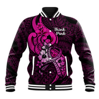 Personalised Polynesia Breast Cancer Awareness Baseball Jacket Think Pink Polynesian Ribbon Black Version - Wonder Print Shop