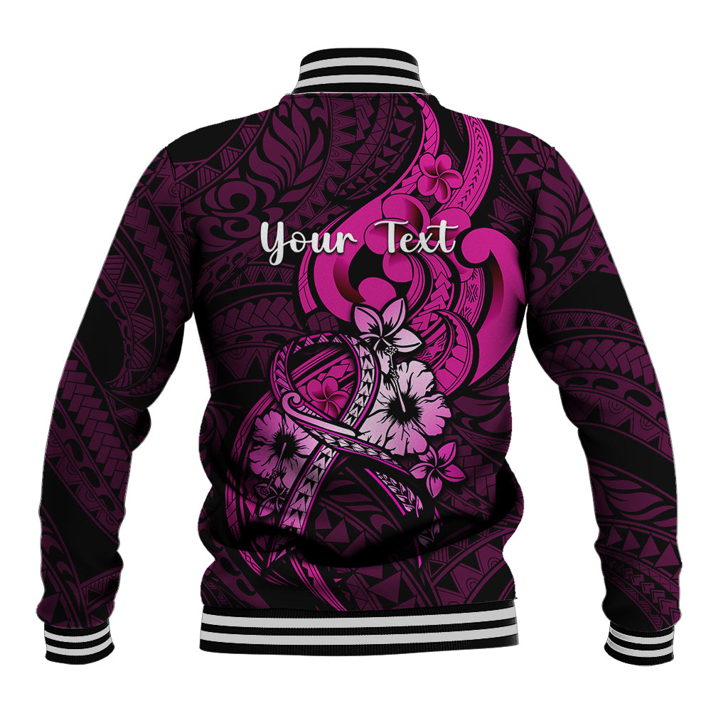 Personalised Polynesia Breast Cancer Awareness Baseball Jacket Think Pink Polynesian Ribbon Black Version - Wonder Print Shop