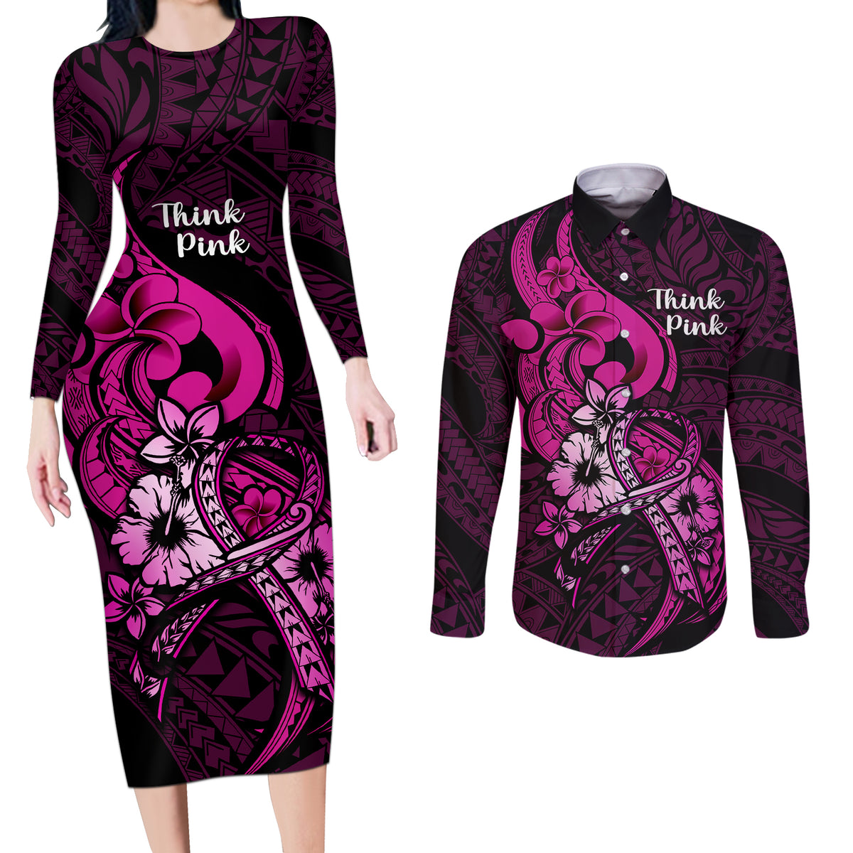 Personalised Polynesia Breast Cancer Awareness Couples Matching Long Sleeve Bodycon Dress and Long Sleeve Button Shirts Think Pink Polynesian Ribbon Black Version - Wonder Print Shop