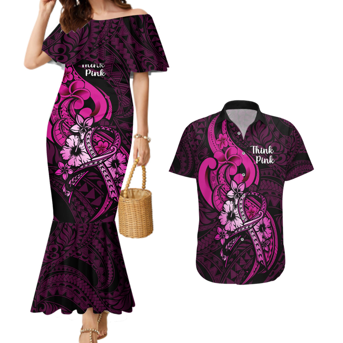 Personalised Polynesia Breast Cancer Awareness Couples Matching Mermaid Dress and Hawaiian Shirt Think Pink Polynesian Ribbon Black Version - Wonder Print Shop