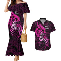 Personalised Polynesia Breast Cancer Awareness Couples Matching Mermaid Dress and Hawaiian Shirt Think Pink Polynesian Ribbon Black Version - Wonder Print Shop