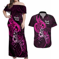 Personalised Polynesia Breast Cancer Awareness Couples Matching Off Shoulder Maxi Dress and Hawaiian Shirt Think Pink Polynesian Ribbon Black Version - Wonder Print Shop