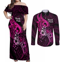 Personalised Polynesia Breast Cancer Awareness Couples Matching Off Shoulder Maxi Dress and Long Sleeve Button Shirts Think Pink Polynesian Ribbon Black Version - Wonder Print Shop