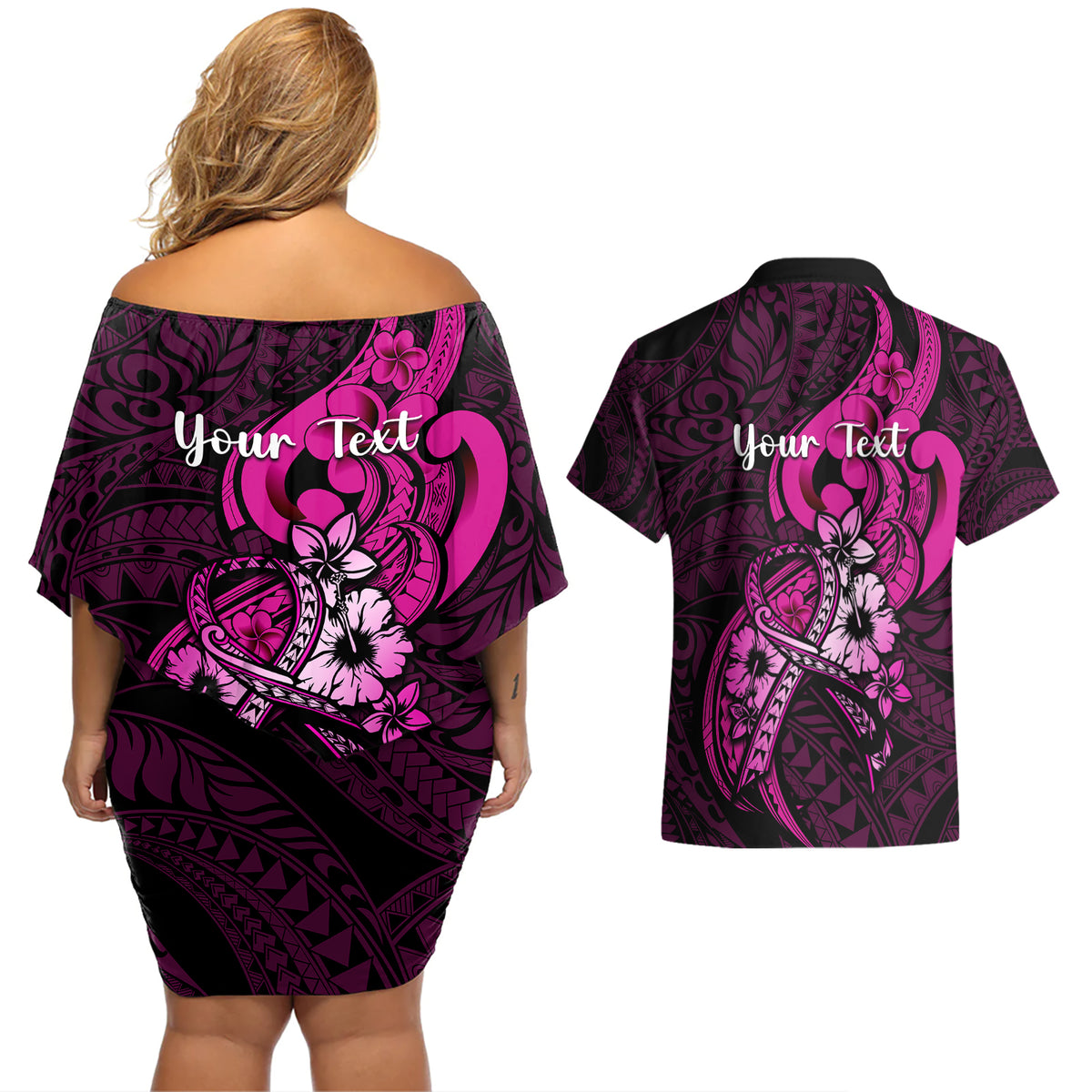 Personalised Polynesia Breast Cancer Awareness Couples Matching Off Shoulder Short Dress and Hawaiian Shirt Think Pink Polynesian Ribbon Black Version - Wonder Print Shop