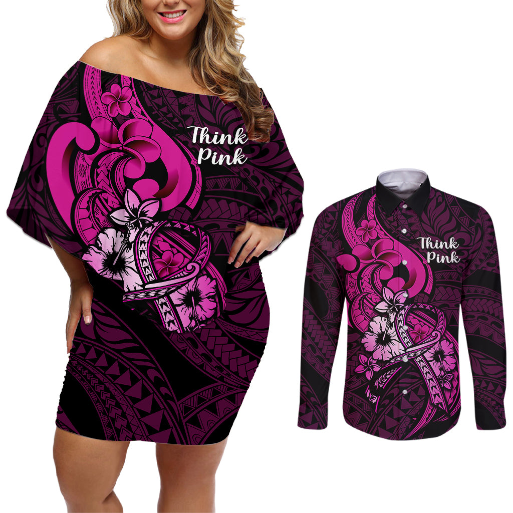 Personalised Polynesia Breast Cancer Awareness Couples Matching Off Shoulder Short Dress and Long Sleeve Button Shirts Think Pink Polynesian Ribbon Black Version - Wonder Print Shop