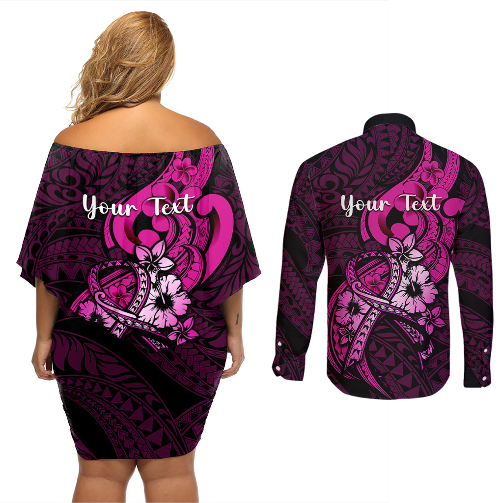 Personalised Polynesia Breast Cancer Awareness Couples Matching Off Shoulder Short Dress and Long Sleeve Button Shirts Think Pink Polynesian Ribbon Black Version - Wonder Print Shop