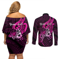 Personalised Polynesia Breast Cancer Awareness Couples Matching Off Shoulder Short Dress and Long Sleeve Button Shirts Think Pink Polynesian Ribbon Black Version - Wonder Print Shop