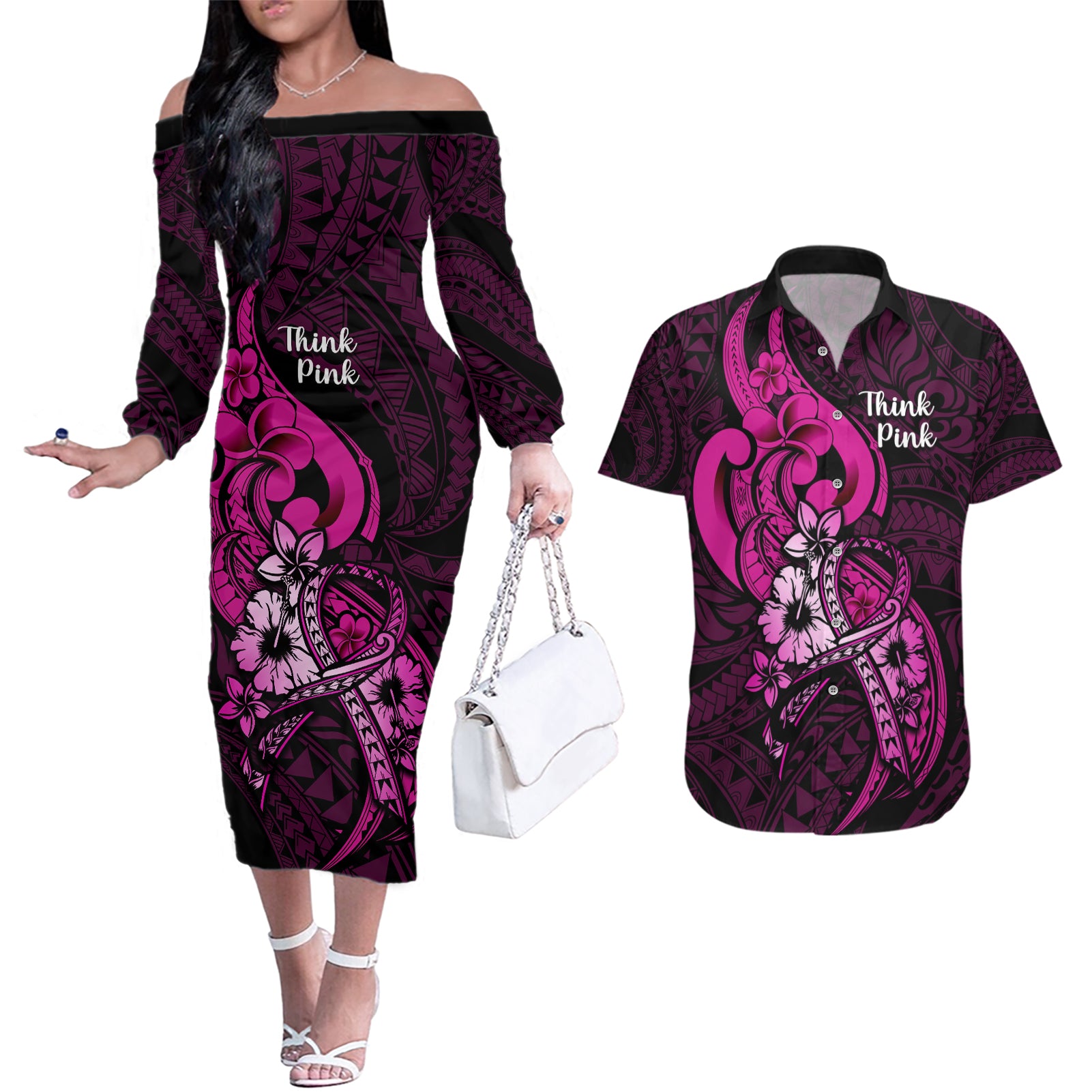Personalised Polynesia Breast Cancer Awareness Couples Matching Off The Shoulder Long Sleeve Dress and Hawaiian Shirt Think Pink Polynesian Ribbon Black Version - Wonder Print Shop