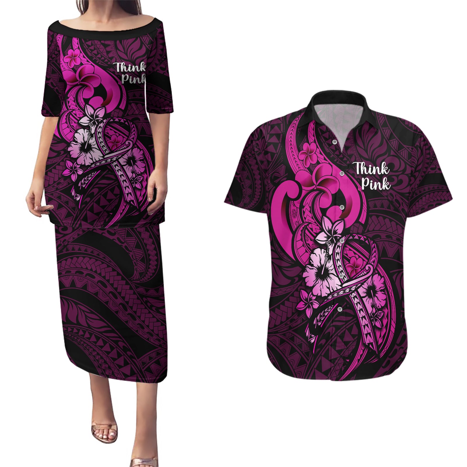 Personalised Polynesia Breast Cancer Awareness Couples Matching Puletasi Dress and Hawaiian Shirt Think Pink Polynesian Ribbon Black Version - Wonder Print Shop