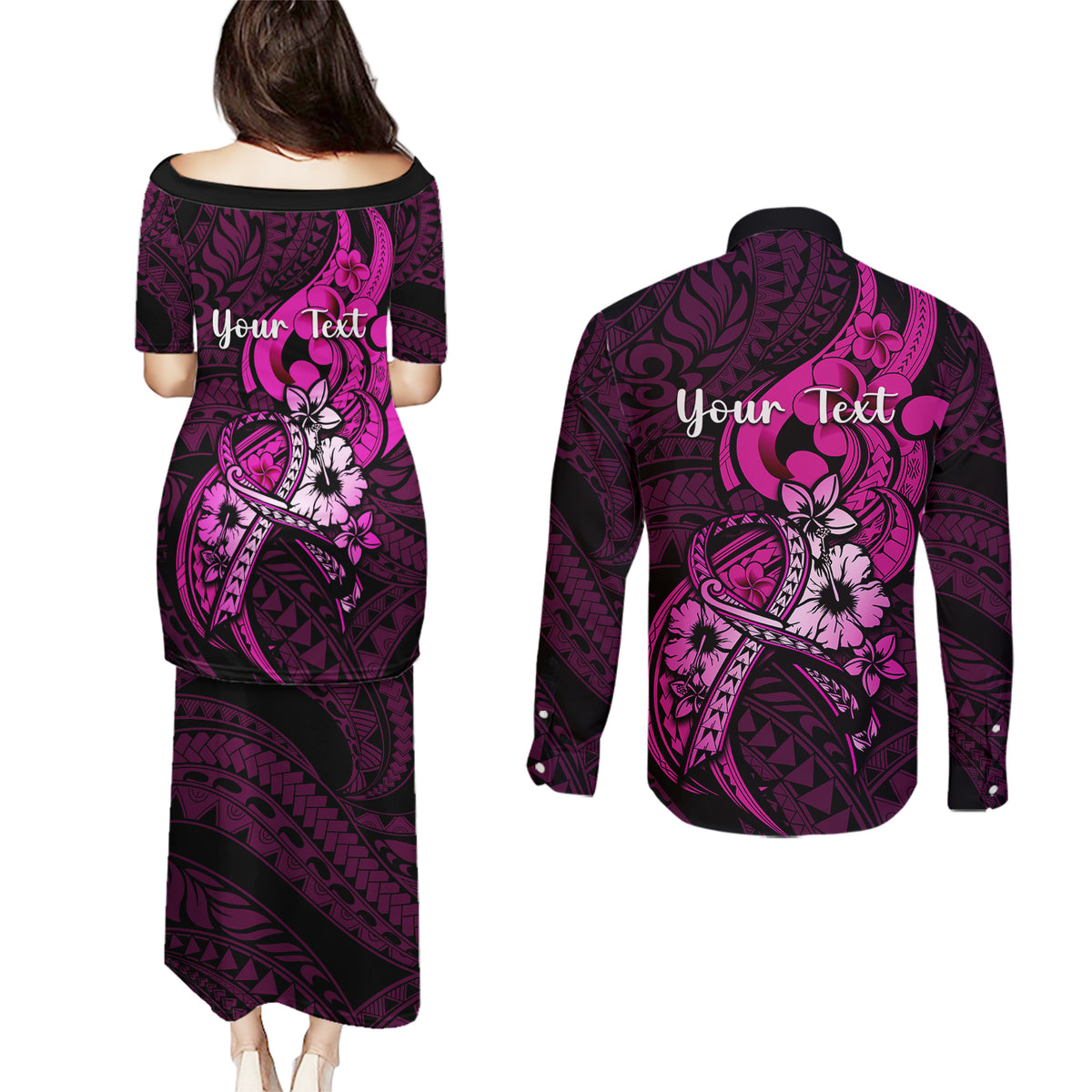 Personalised Polynesia Breast Cancer Awareness Couples Matching Puletasi Dress and Long Sleeve Button Shirts Think Pink Polynesian Ribbon Black Version - Wonder Print Shop