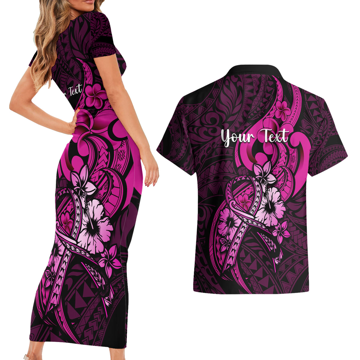 Personalised Polynesia Breast Cancer Awareness Couples Matching Short Sleeve Bodycon Dress and Hawaiian Shirt Think Pink Polynesian Ribbon Black Version - Wonder Print Shop