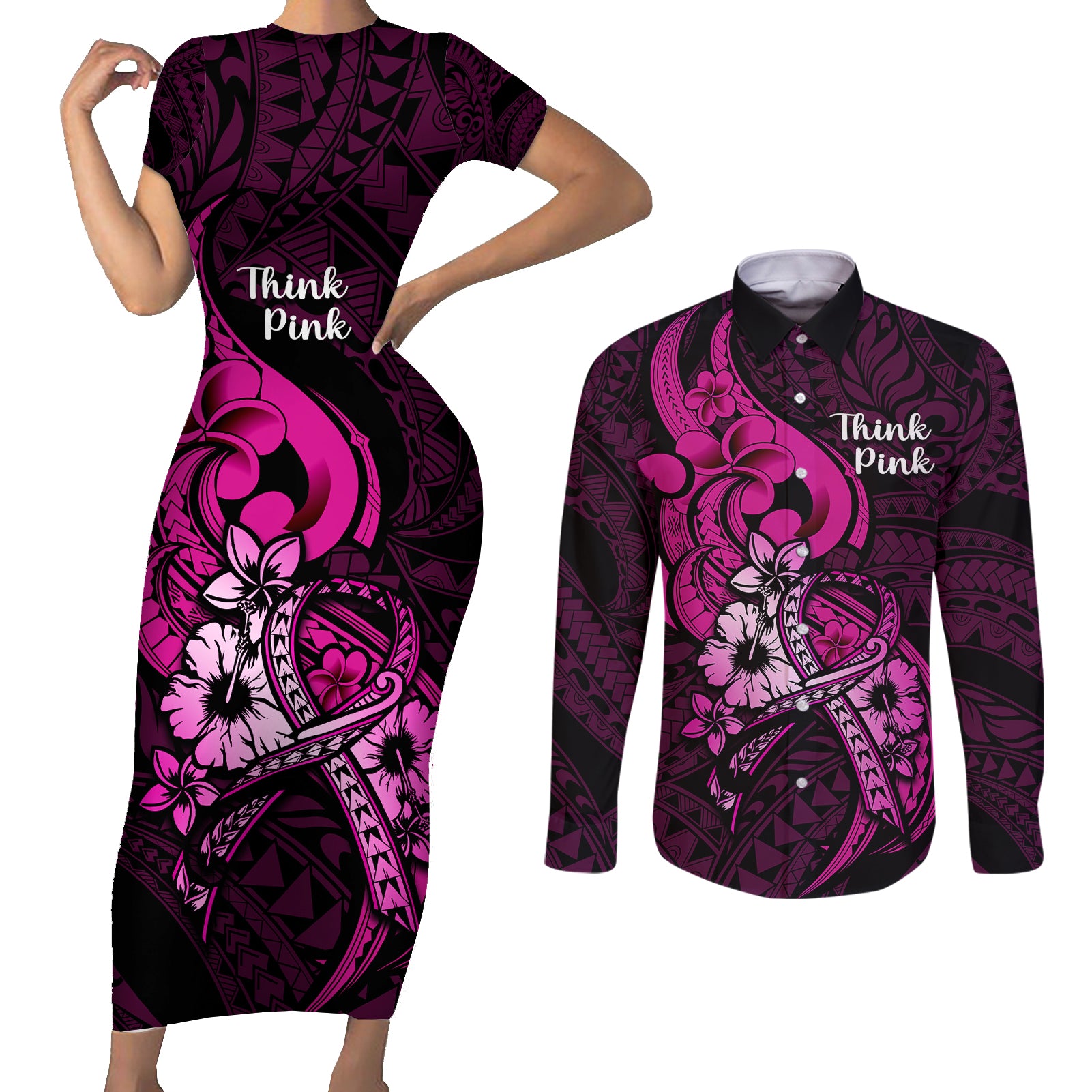 Personalised Polynesia Breast Cancer Awareness Couples Matching Short Sleeve Bodycon Dress and Long Sleeve Button Shirts Think Pink Polynesian Ribbon Black Version - Wonder Print Shop