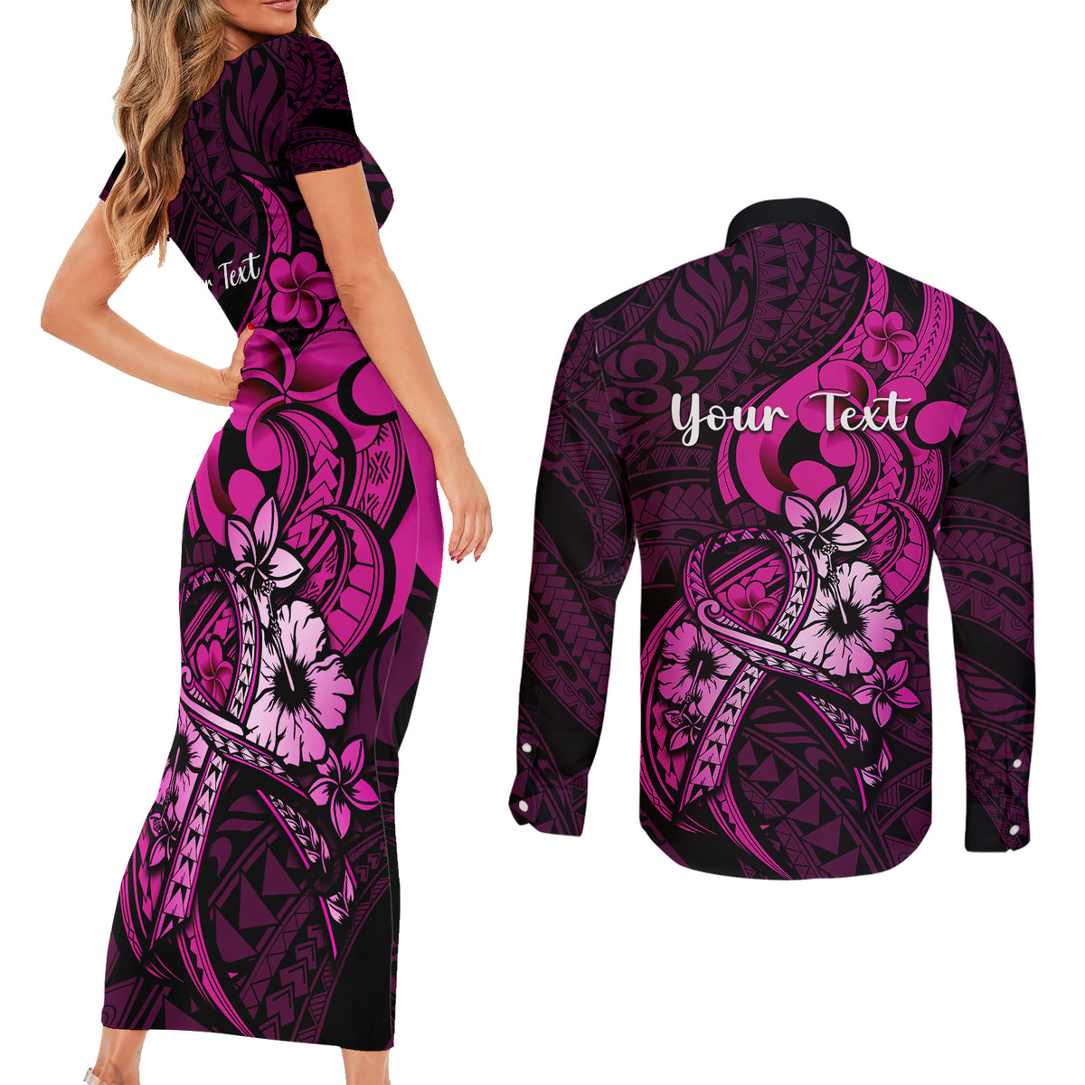 Personalised Polynesia Breast Cancer Awareness Couples Matching Short Sleeve Bodycon Dress and Long Sleeve Button Shirts Think Pink Polynesian Ribbon Black Version - Wonder Print Shop