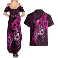 Personalised Polynesia Breast Cancer Awareness Couples Matching Summer Maxi Dress and Hawaiian Shirt Think Pink Polynesian Ribbon Black Version - Wonder Print Shop