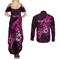 Personalised Polynesia Breast Cancer Awareness Couples Matching Summer Maxi Dress and Long Sleeve Button Shirts Think Pink Polynesian Ribbon Black Version - Wonder Print Shop