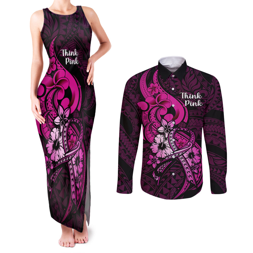 Personalised Polynesia Breast Cancer Awareness Couples Matching Tank Maxi Dress and Long Sleeve Button Shirts Think Pink Polynesian Ribbon Black Version - Wonder Print Shop
