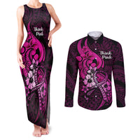 Personalised Polynesia Breast Cancer Awareness Couples Matching Tank Maxi Dress and Long Sleeve Button Shirts Think Pink Polynesian Ribbon Black Version - Wonder Print Shop