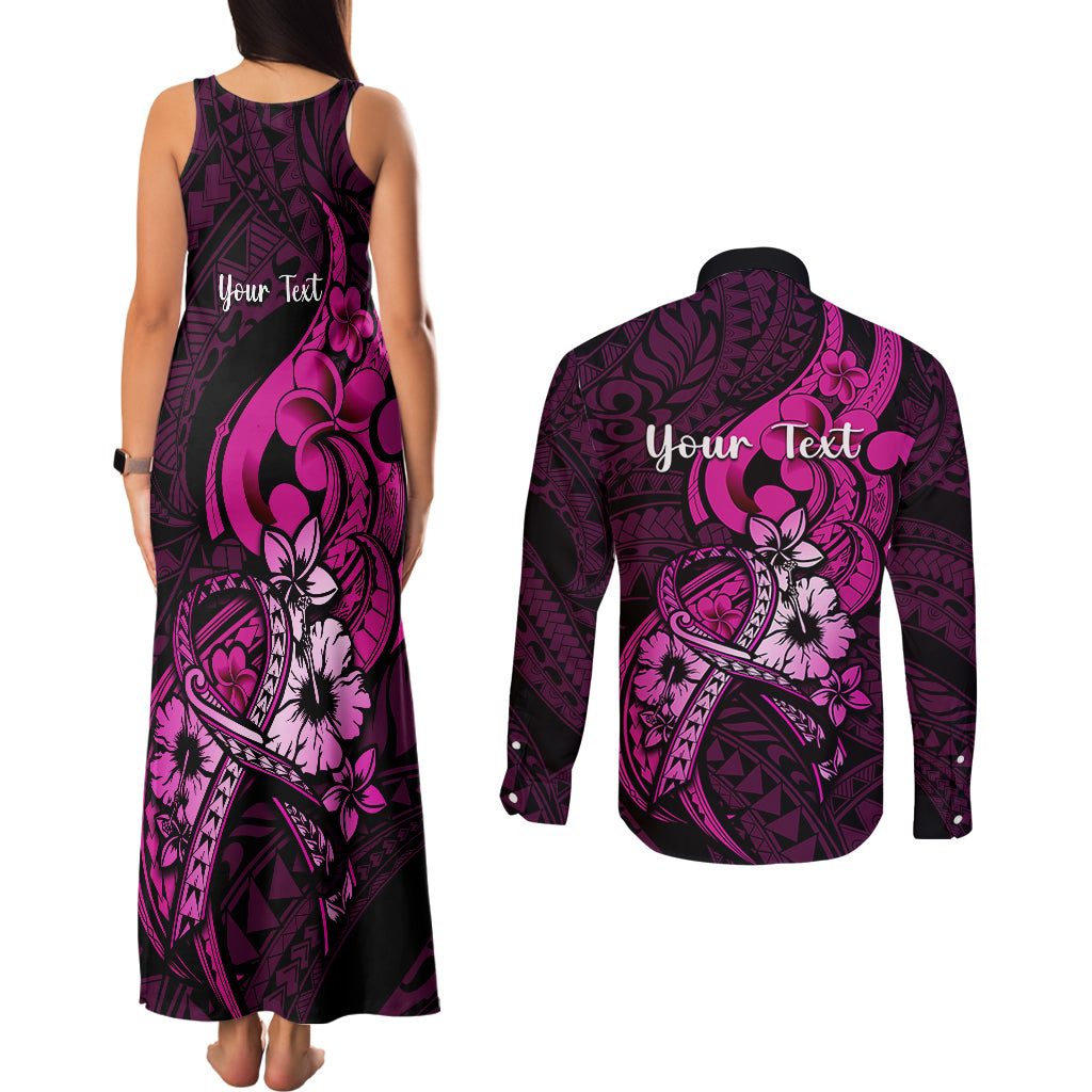 Personalised Polynesia Breast Cancer Awareness Couples Matching Tank Maxi Dress and Long Sleeve Button Shirts Think Pink Polynesian Ribbon Black Version - Wonder Print Shop