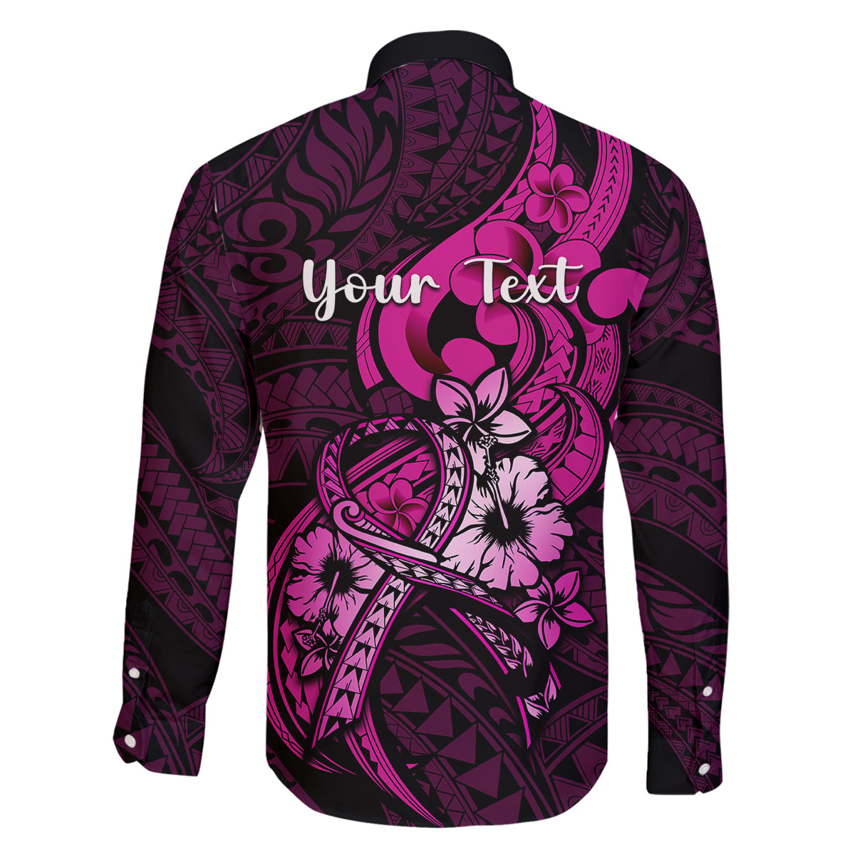 Personalised Polynesia Breast Cancer Awareness Family Matching Long Sleeve Bodycon Dress and Hawaiian Shirt Think Pink Polynesian Ribbon Black Version - Wonder Print Shop