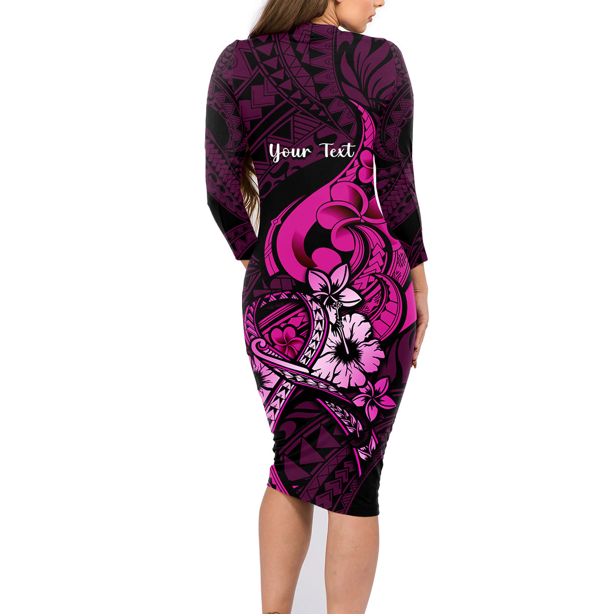 Personalised Polynesia Breast Cancer Awareness Family Matching Long Sleeve Bodycon Dress and Hawaiian Shirt Think Pink Polynesian Ribbon Black Version - Wonder Print Shop