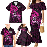 Personalised Polynesia Breast Cancer Awareness Family Matching Mermaid Dress and Hawaiian Shirt Think Pink Polynesian Ribbon Black Version - Wonder Print Shop