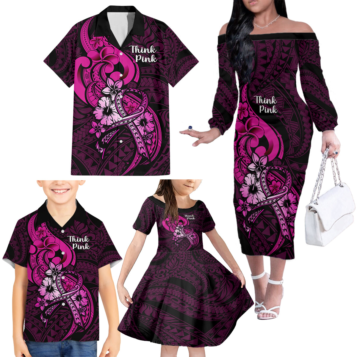 Personalised Polynesia Breast Cancer Awareness Family Matching Off Shoulder Long Sleeve Dress and Hawaiian Shirt Think Pink Polynesian Ribbon Black Version - Wonder Print Shop