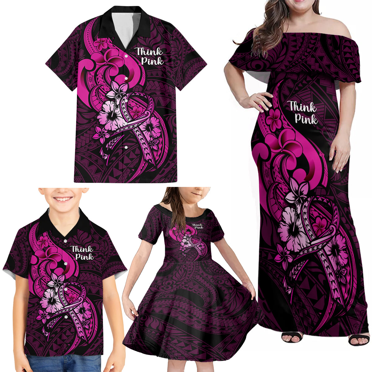 Personalised Polynesia Breast Cancer Awareness Family Matching Off Shoulder Maxi Dress and Hawaiian Shirt Think Pink Polynesian Ribbon Black Version - Wonder Print Shop