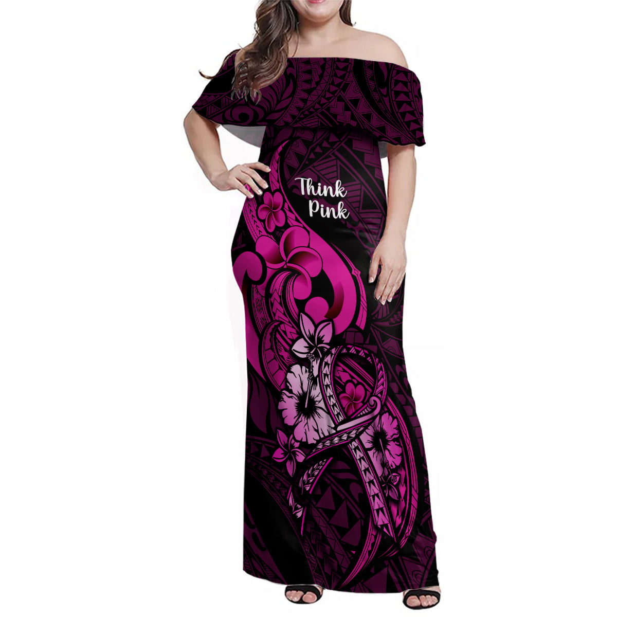 Personalised Polynesia Breast Cancer Awareness Family Matching Off Shoulder Maxi Dress and Hawaiian Shirt Think Pink Polynesian Ribbon Black Version - Wonder Print Shop