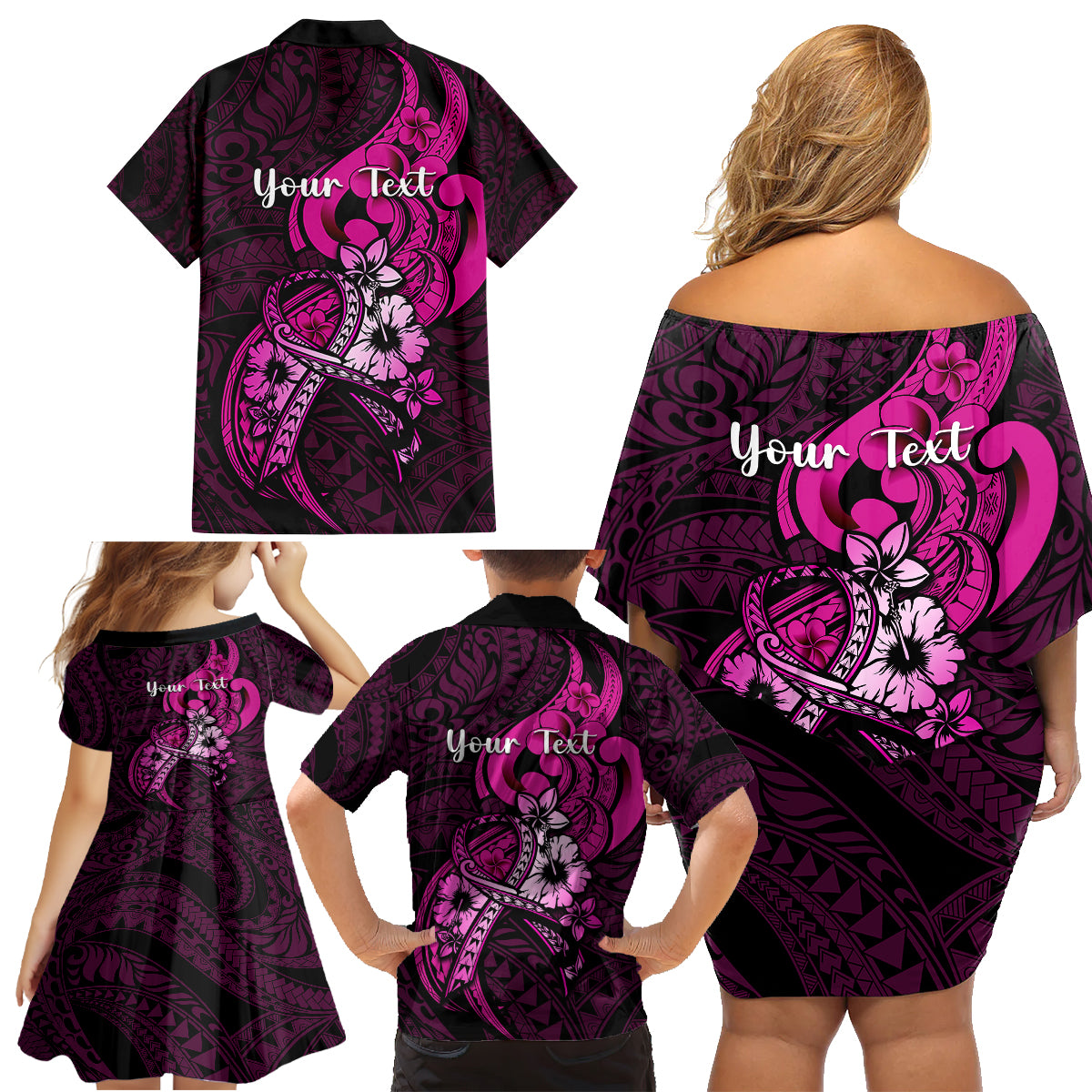 Personalised Polynesia Breast Cancer Awareness Family Matching Off Shoulder Short Dress and Hawaiian Shirt Think Pink Polynesian Ribbon Black Version - Wonder Print Shop