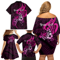 Personalised Polynesia Breast Cancer Awareness Family Matching Off Shoulder Short Dress and Hawaiian Shirt Think Pink Polynesian Ribbon Black Version - Wonder Print Shop