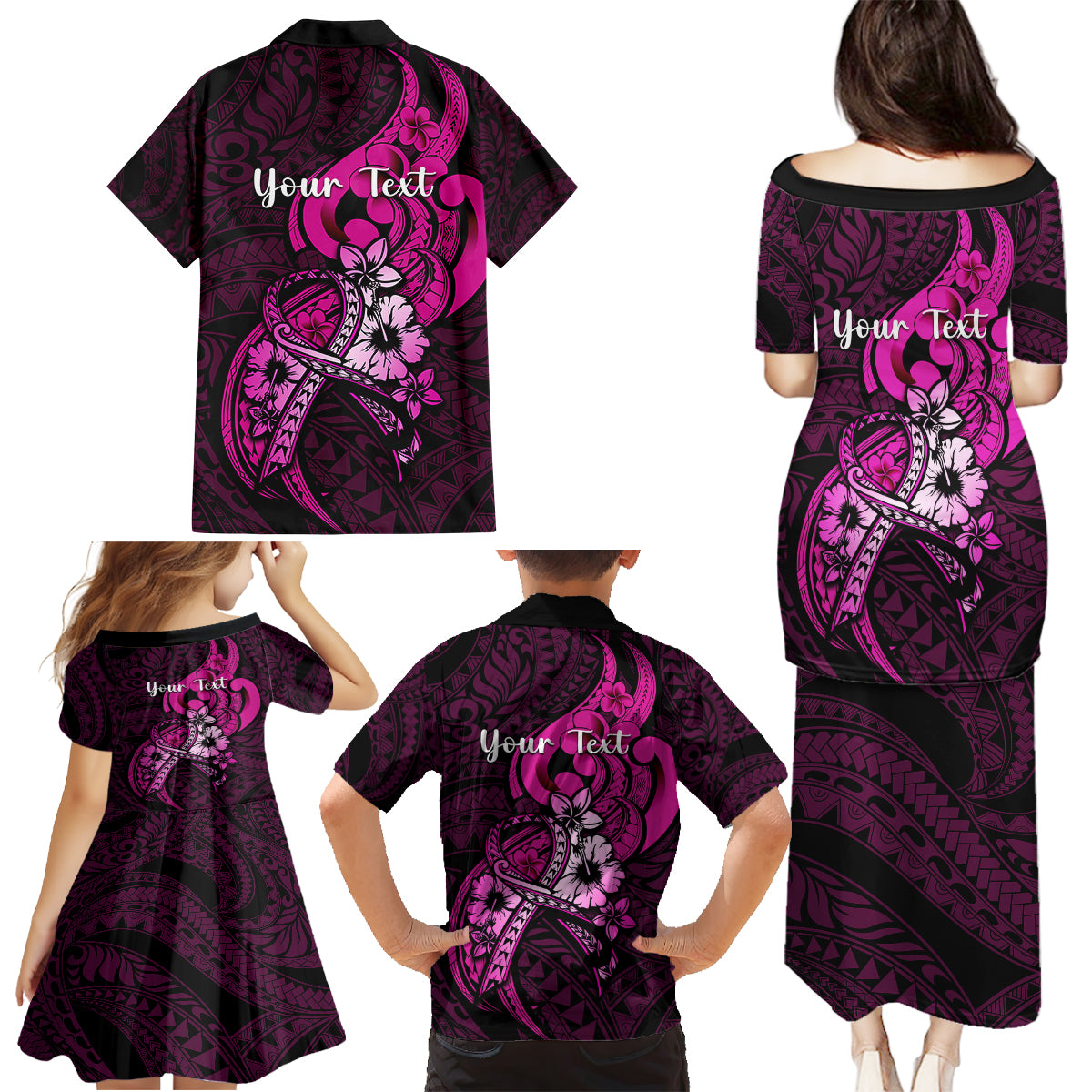 Personalised Polynesia Breast Cancer Awareness Family Matching Puletasi Dress and Hawaiian Shirt Think Pink Polynesian Ribbon Black Version - Wonder Print Shop