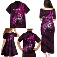 Personalised Polynesia Breast Cancer Awareness Family Matching Puletasi Dress and Hawaiian Shirt Think Pink Polynesian Ribbon Black Version - Wonder Print Shop