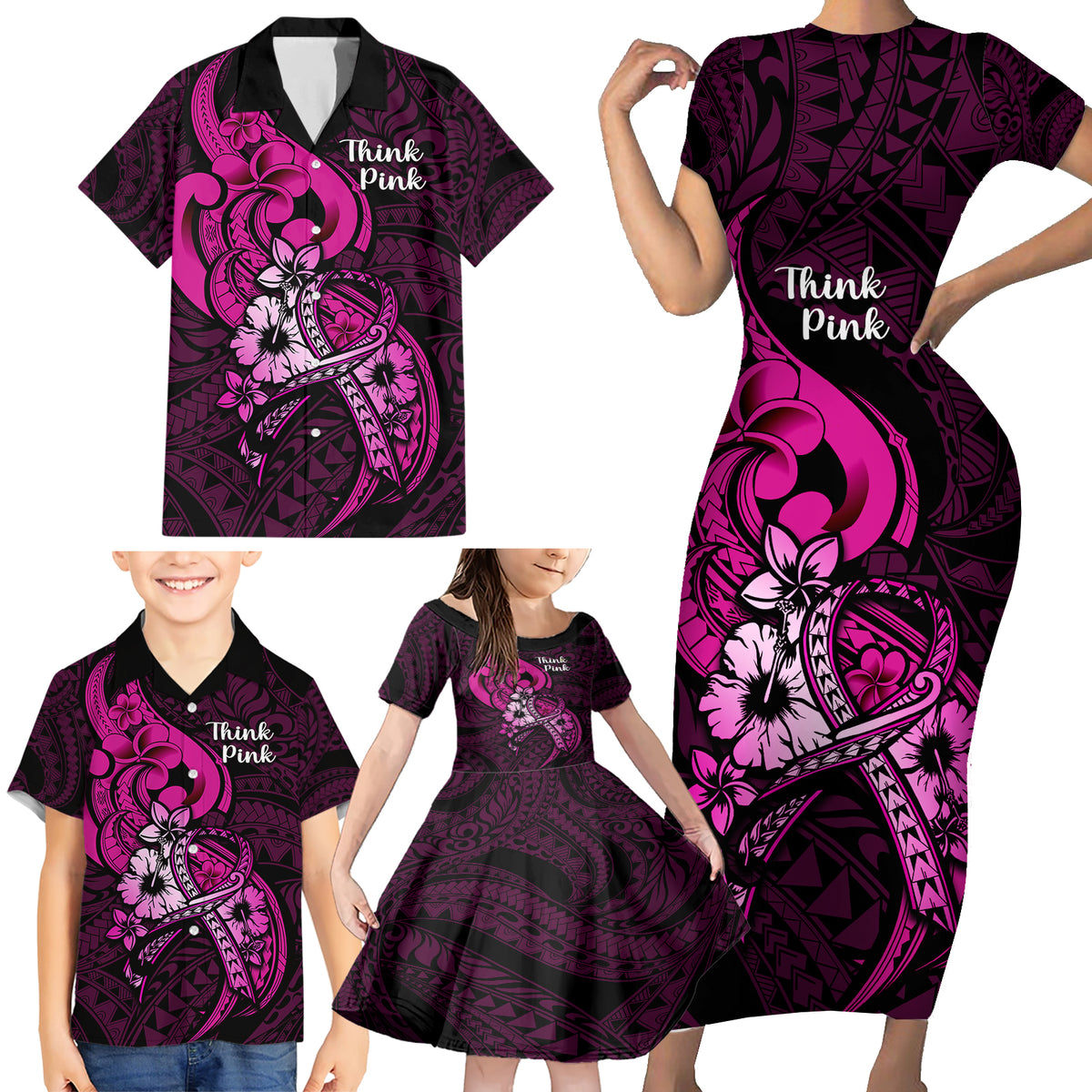 Personalised Polynesia Breast Cancer Awareness Family Matching Short Sleeve Bodycon Dress and Hawaiian Shirt Think Pink Polynesian Ribbon Black Version - Wonder Print Shop