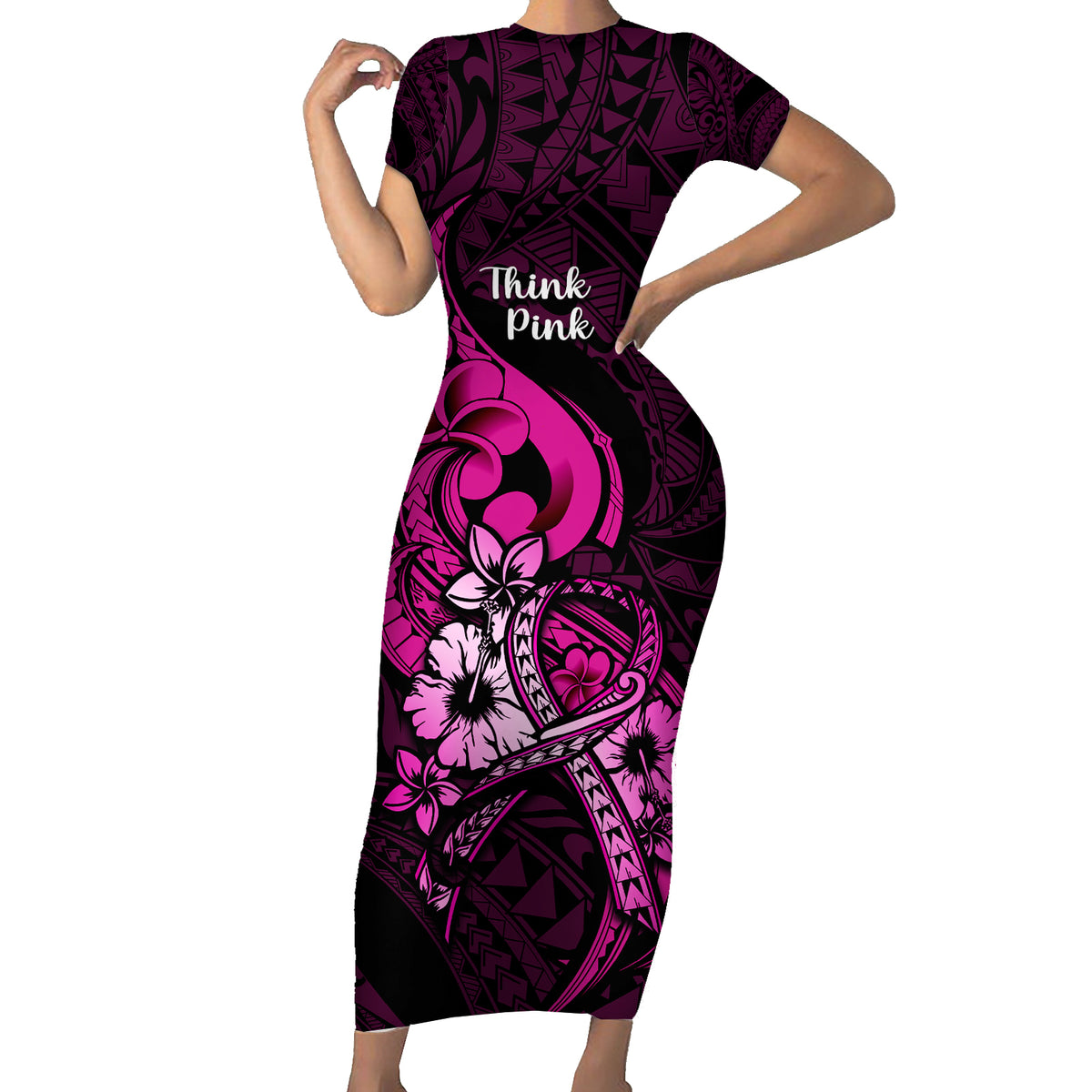 Personalised Polynesia Breast Cancer Awareness Family Matching Short Sleeve Bodycon Dress and Hawaiian Shirt Think Pink Polynesian Ribbon Black Version - Wonder Print Shop