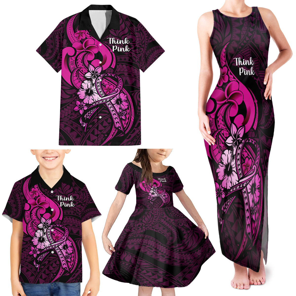 Personalised Polynesia Breast Cancer Awareness Family Matching Tank Maxi Dress and Hawaiian Shirt Think Pink Polynesian Ribbon Black Version - Wonder Print Shop