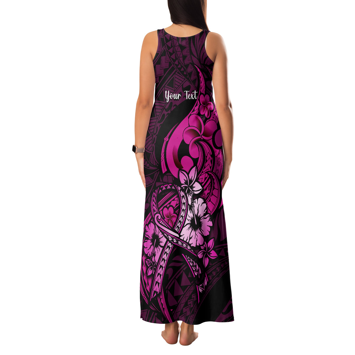 Personalised Polynesia Breast Cancer Awareness Family Matching Tank Maxi Dress and Hawaiian Shirt Think Pink Polynesian Ribbon Black Version - Wonder Print Shop