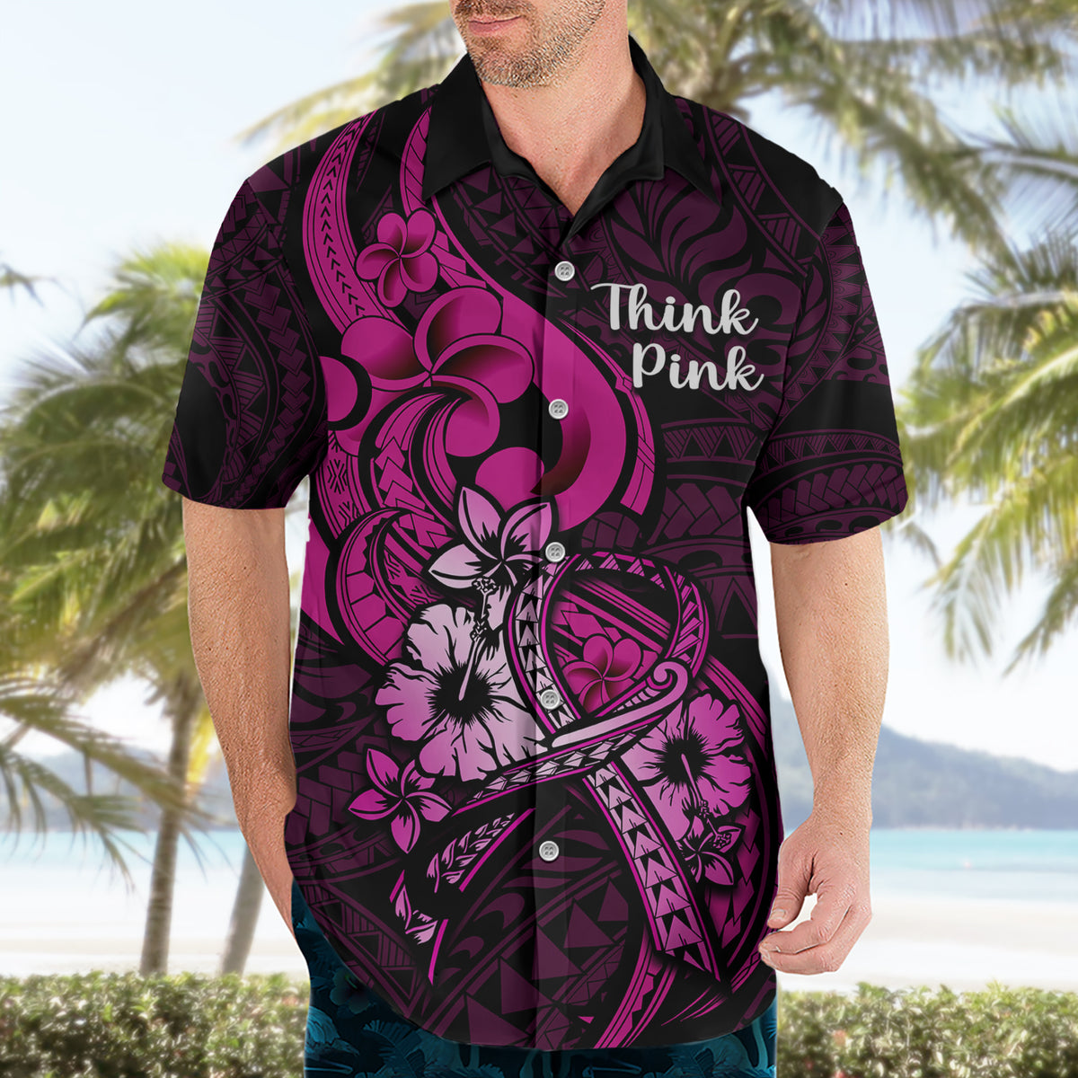 Personalised Polynesia Breast Cancer Awareness Hawaiian Shirt Think Pink Polynesian Ribbon Black Version - Wonder Print Shop